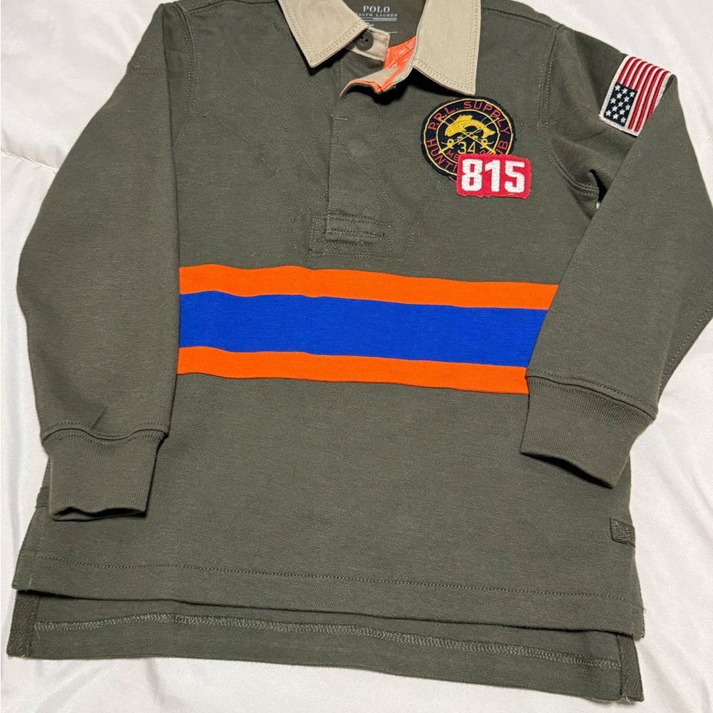 Polo by Ralph Lauren Kids Long Sleeve Polo  - Olive with Orange and Blue Stripes